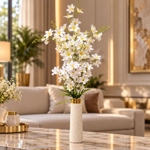 Artificial White Daisy Flower Plant with Woven Vase CH 00315
