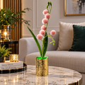 Artificial Pink & Light BlyPom Pom Flower Plant with Golden Decorative Pot CH 00312