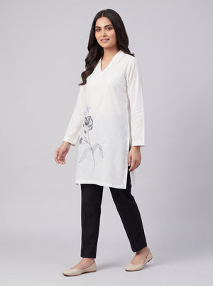 Stitched Embroidered Kurti - White and blue