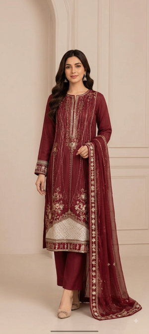 PC - 208 | 3-Piece Stitched Embroidered Soft Lawn Suit