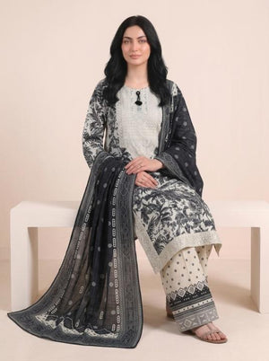 3 Pc Embroidered Lawn Stitched Suit - Ivory & Black