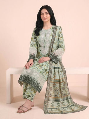 3 Pc Embroidered Lawn Stitched Suit - Mint Green Floral