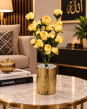 Artificial Yellow Rose Flowers with Luxury Gold Decorative Vase Elegant Home & Table Decor CH 00275