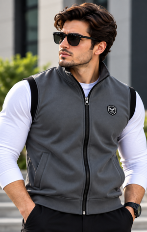 Eternity Men Premium Sleeveless Mock Neck Graphite Grey Zipper