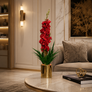 Luxury Artificial Red Flower Plant with Golden Metal Pot | ch 0052