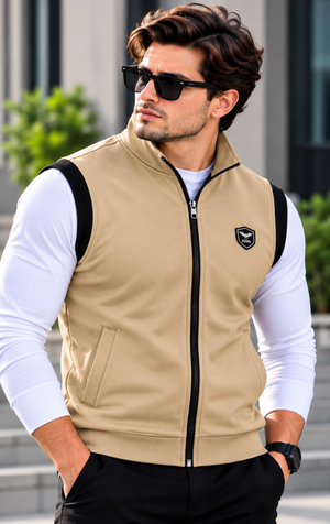 Eternity Men Premium Sleeveless Mock Neck Beige Zipper