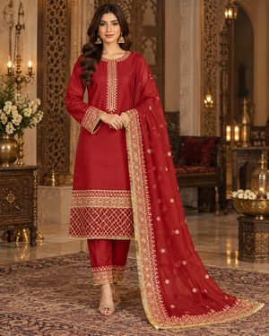 PC-961 Embroidered Premium Silk Shirt with Straight Trouser & Dupatta - 3 Pcs