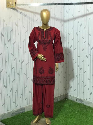 2Pc Stitched Embroidered Suit - Maroon Paisley Border