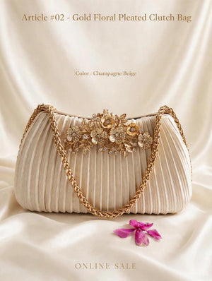 article 02 gold floral pleated clutch bag
