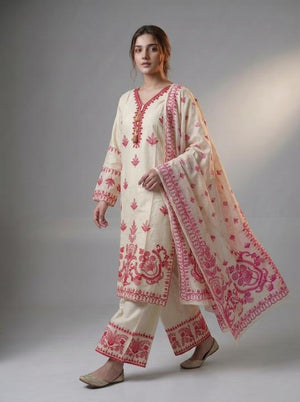 3 Pc Printed Lawn Cotton Stitched Suit - Off White & Pink