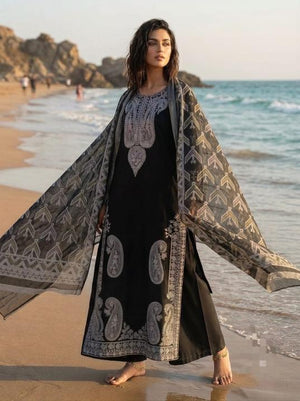 Unstitched 3Pc Embroidered Suit - Black