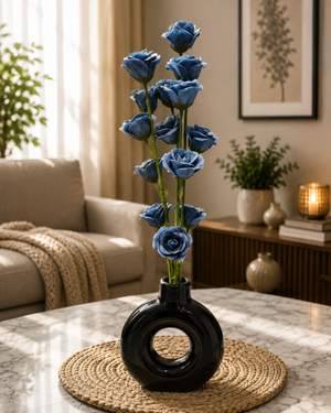 Artificial Blue Rose Flowers with Black Vase for Home & Office Deco CH 00243