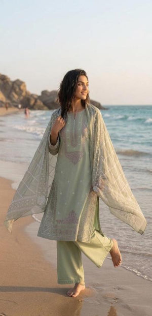 Unstitched 3Pc Embroidered Suit - pistachio green
