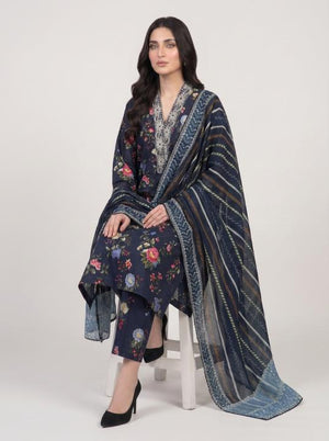 3 Pc Printed Embroidered Lawn Cotton Stitched Suit - Navy Blue Floral
