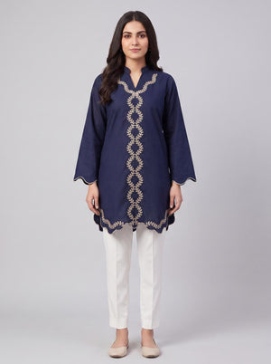 Stitched Embroidered Kurti - Navy Blue