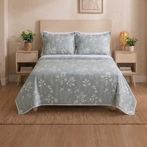 ELOVÉRY Soft Grey Floral Print Cotton Bedsheet Set – White Botanical Pattern