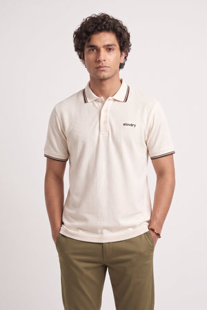 Men’s White Rib-Knit Tipped Collar Polo Shirt