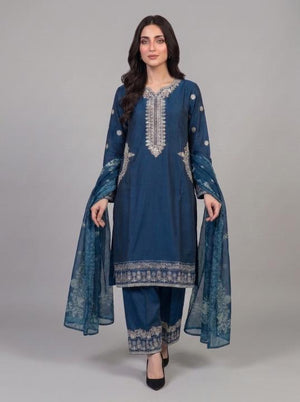 3 Pc Embroidered Lawn Cotton Stitched Suit - Deep Teal Blue