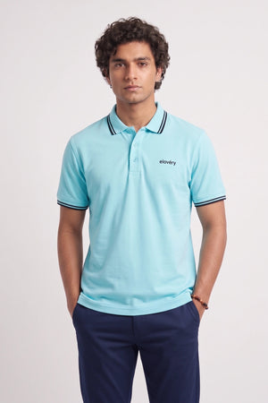 Men’s Sky Blue Rib-Knit Tipped Collar Polo Shirt