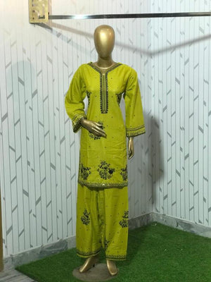 2Pc (G1) Stitched Embroidered Suit - Parrot Green