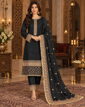 PC-96 Embroidered Premium Silk Shirt with Straight Trouser & Dupatta - 3 Pcs