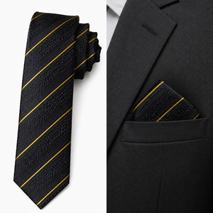 Imported Black Tie with Gold Diagonal Stripes and Pocket Square