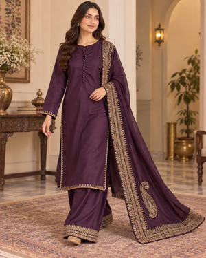 PC-94 Embroidered Silk Kameez with Flared Trouser - 3 Pcs