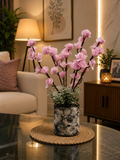 Artificial Pink Cherry Blossom Flowers with Marble-Style Vase for Home Decor CH00255