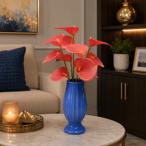Luxury Artificial Red Anthurium Flower Arrangement in Blue Ceramic Vase | Modern Table Decor CH 0025