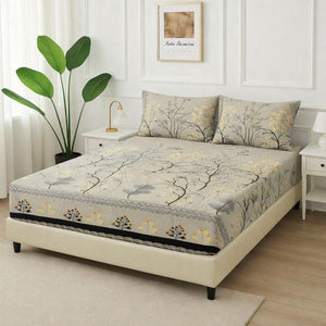 Grey leaves -Fitted Bedsheet Set