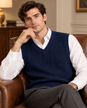 Eternity Men Navy Textured V-Neck Knitted Sweater