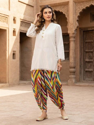 2Pc Stitched Print Shalwar Suit - White
