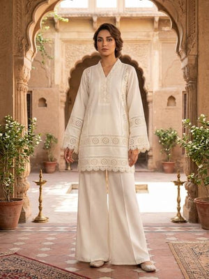 2Pc Stitched Lace Design Suit - White