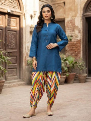 2Pc Stitched Print Shalwar Suit - Teal Blue