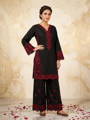 2Pc Stitched Embroidered Suit - Black with Red Embroidery