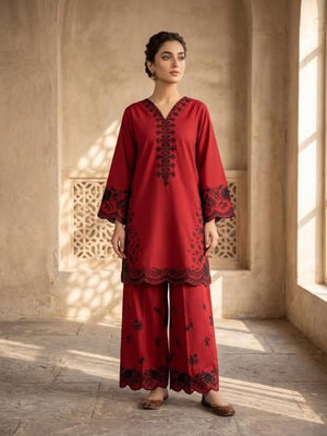 2Pc Stitched Embroidered Suit - Maroon Scalloped Border