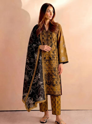 3 Piece Unstitched Embroidered Dhanak Suit - Hr02