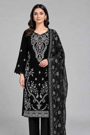 3Pc unStitched Embroidered Suit - black
