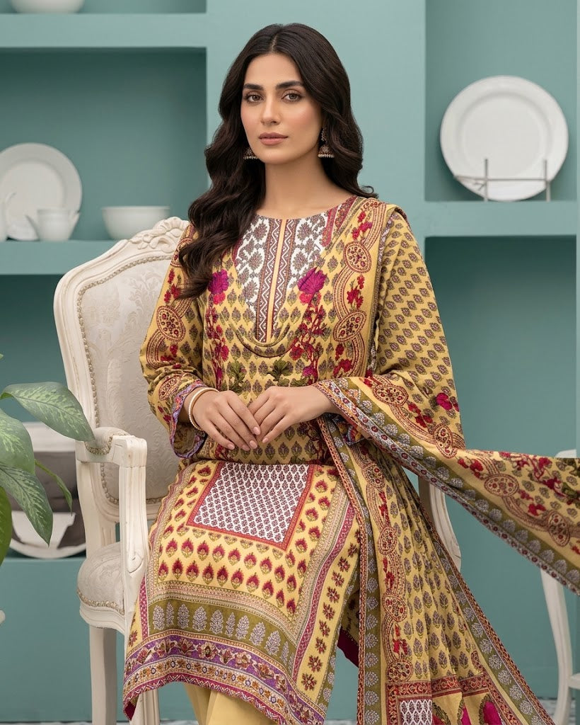 3 Pieces - Neova Unstitched Mustard Yellow Print Lawn Suit