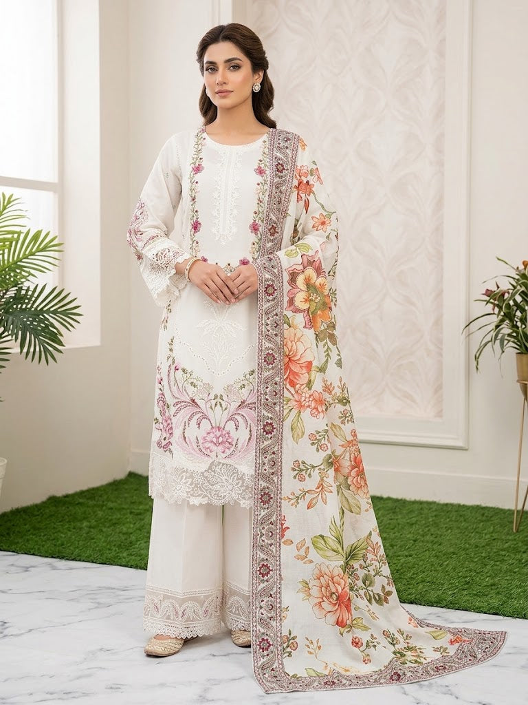 3Pc (001) Stitched Embroidered Suit - White