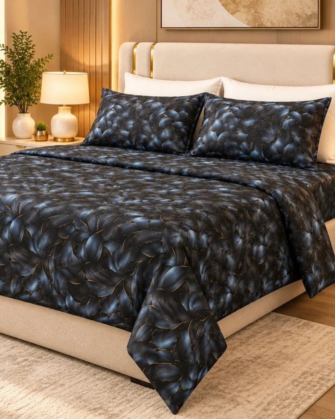 3D Printed Dark Blue Bedsheet – 3 Piece