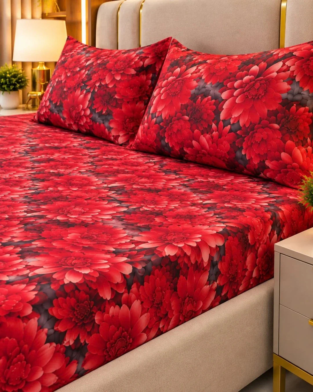 Red Printed 3D Bedsheet – 3 Piece