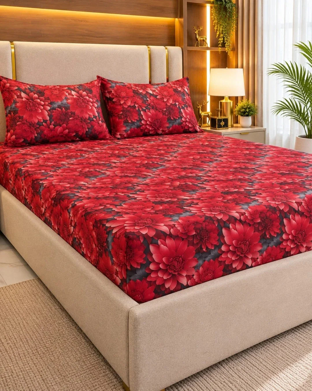 Red Printed 3D Bedsheet – 3 Piece