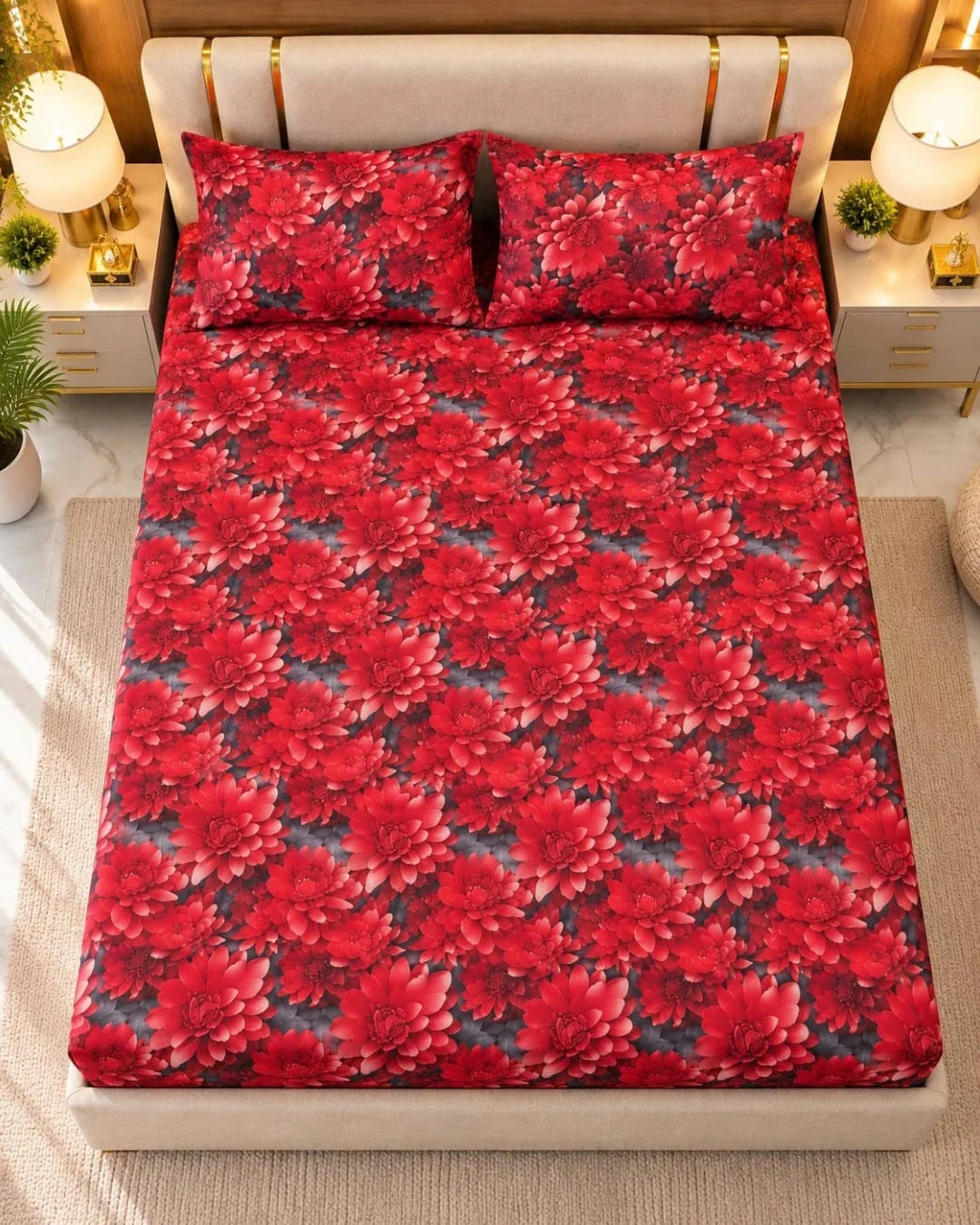 Red Printed 3D Bedsheet – 3 Piece