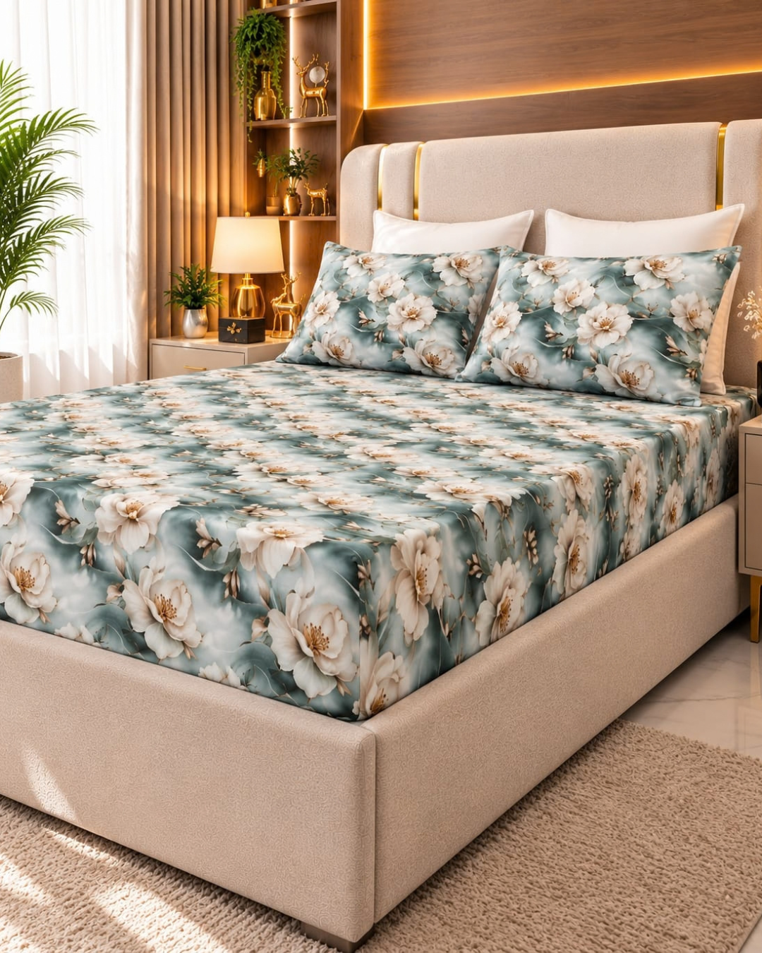 3D white Flower Bedsheet | 3 Pieces