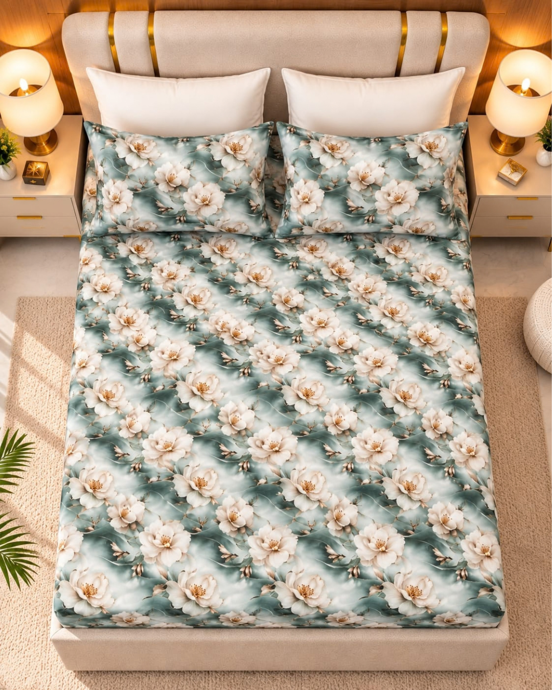 3D white Flower Bedsheet | 3 Pieces