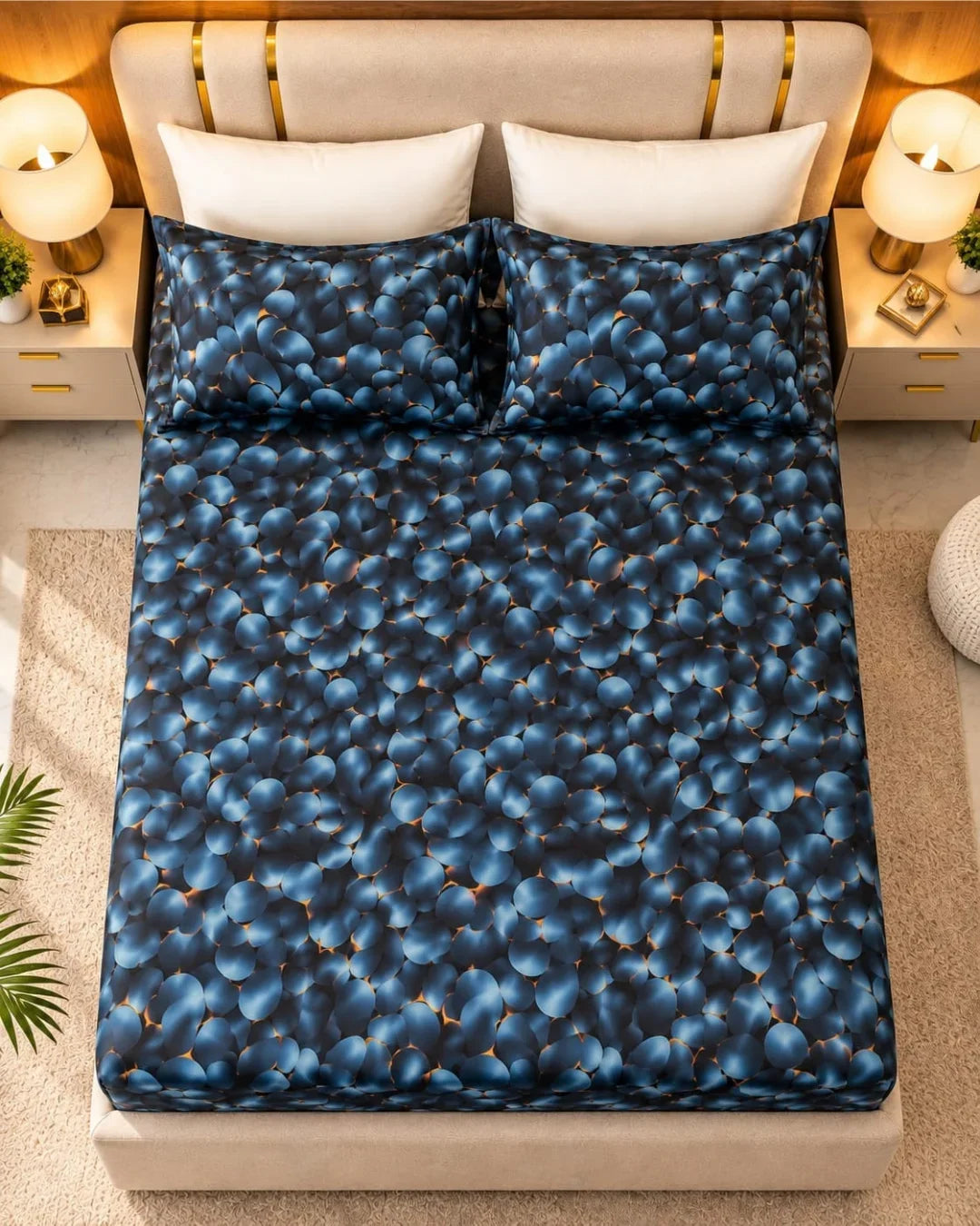 3D Stone Print Blue Bedsheet  – 3 Piece