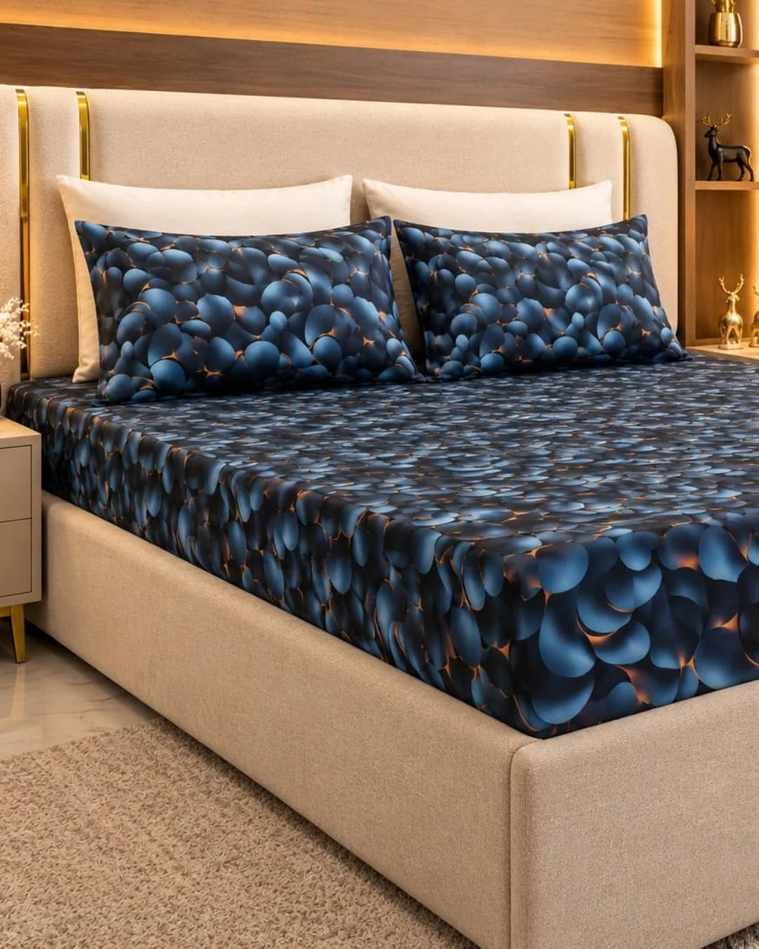 3D Stone Print Blue Bedsheet  – 3 Piece