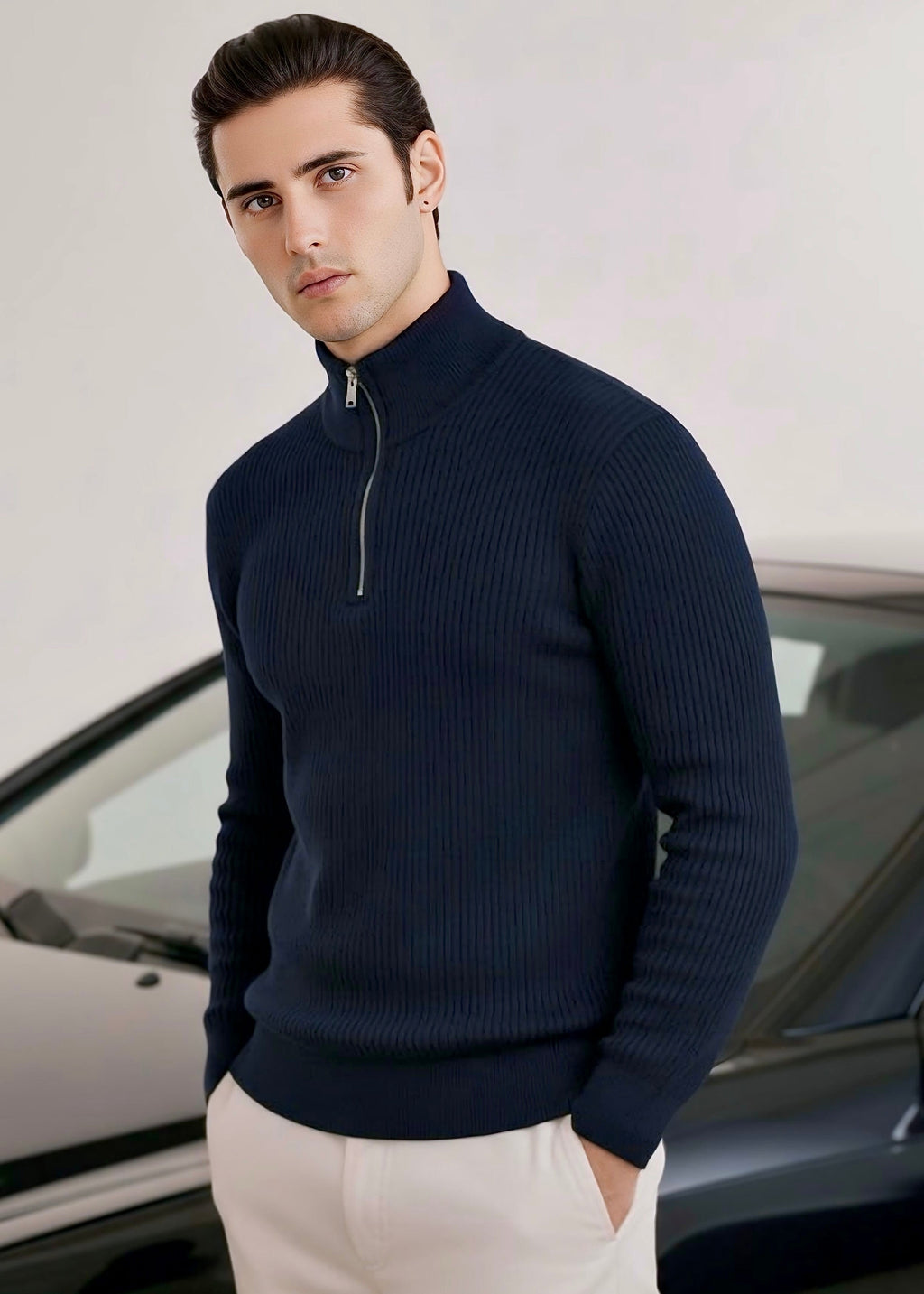 THE ALPHA STREET ZIP MOCK NECK-NAVY