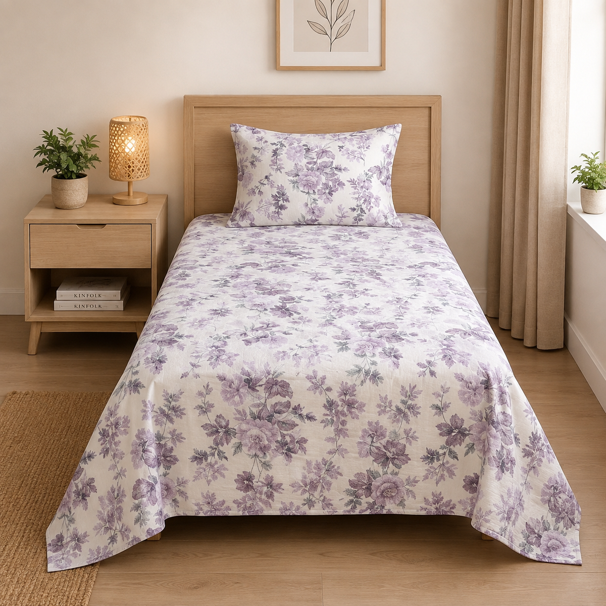 Lavender Floral Singal & Double Bedsheet set with Pillow Casse